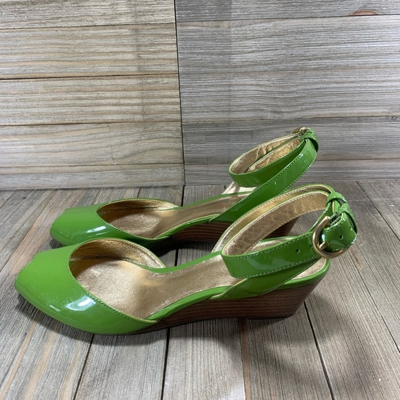 COACH Mackenzie Peep-Toe Wedges Green Gold Womens Size 6B Shoes - Picture 2 of 9